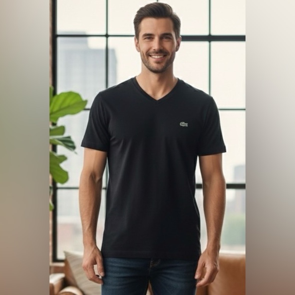 Lacoste black 100% Pima cotton V-neck, short sleeved shirt, chest logo, size XL